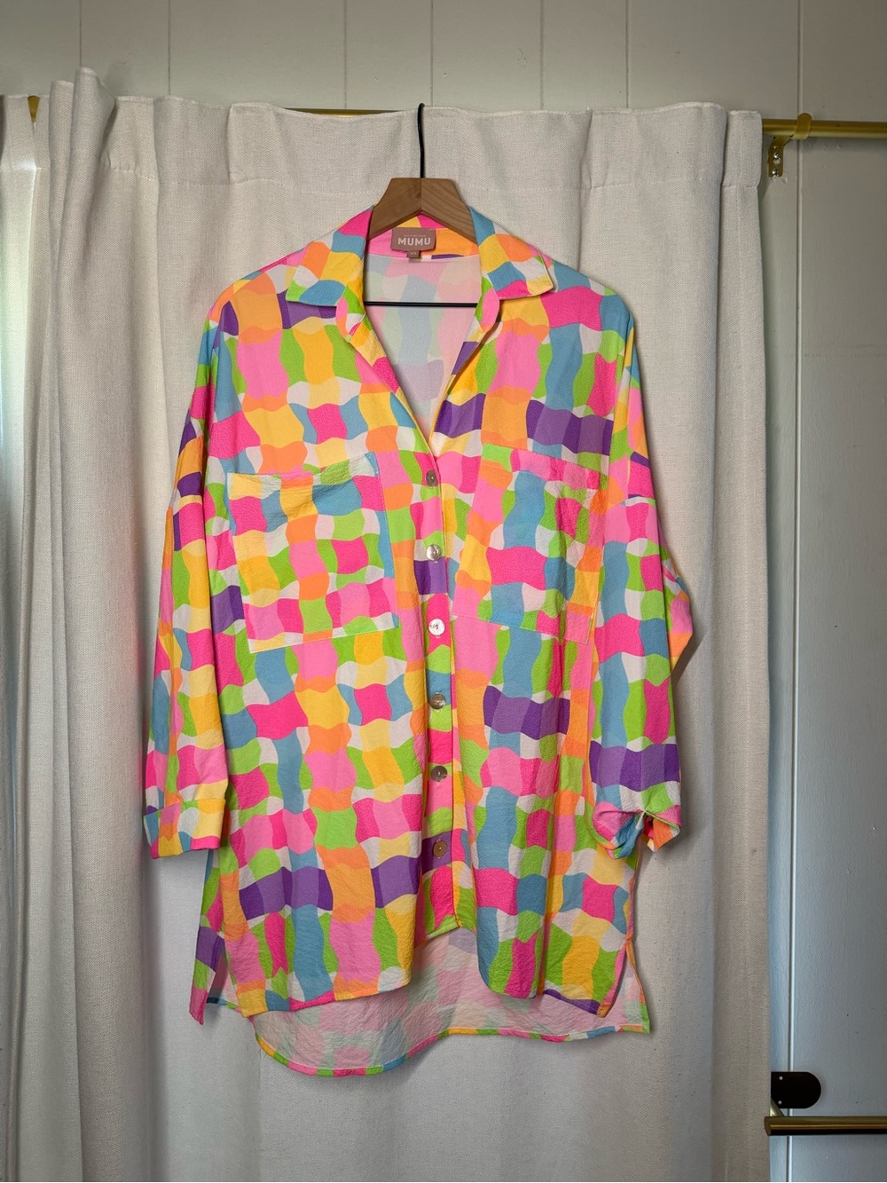 Show Me Your MuMu Colorblock Geo Button-Down Shirt - Pink Multi